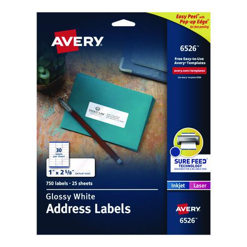 Glossy White Easy Peel Mailing Labels w/ Sure Feed Technology, Laser Printers, 1 x 2.63, White, 30/Sheet, 25 Sheets/Pack. Picture 1