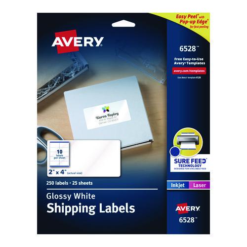 Glossy White Easy Peel Mailing Labels w/ Sure Feed Technology, Laser Printers, 2 x 4, White, 10/Sheet, 25 Sheets/Pack. Picture 1