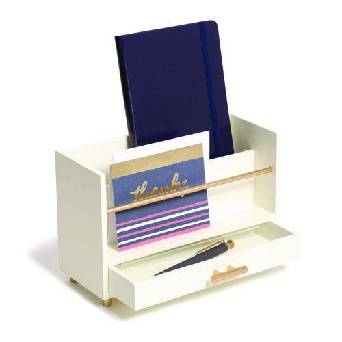Juliet Desk Organizer, 3 Compartments, 1 Drawer, 9.5" x 4.2" x 4.9", White/Gold, Wood/Metal. Picture 5