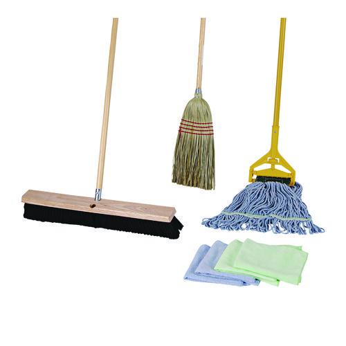 Cleaning Kit, Medium Blue Cotton/Rayon/Synthetic Head, 60" Natural/Yellow Wood/Metal Handle. Picture 1