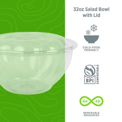 Renewable and Compostable Salad Bowls with Lids, 32 oz, Clear, Plastic, 50/Pack, 3 Packs/Carton. Picture 4