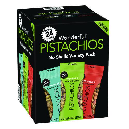 No Shells Roasted and Salted Pistachios Variety Pack, Assorted Flavors, 0.75 oz Bag, 24/Carton. Picture 1