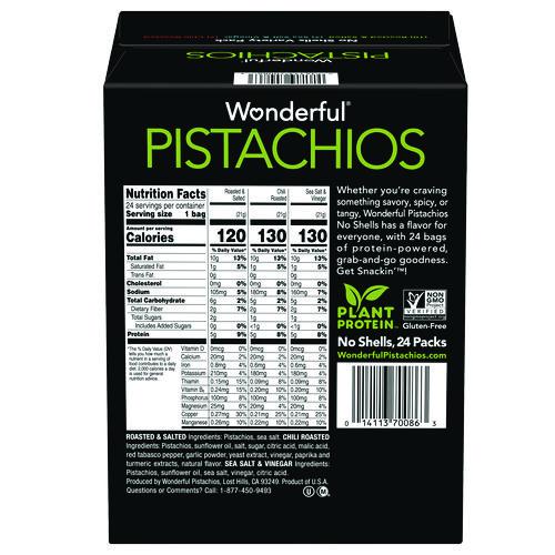 No Shells Roasted and Salted Pistachios Variety Pack, Assorted Flavors, 0.75 oz Bag, 24/Carton. Picture 2