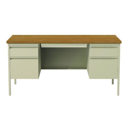 Double Pedestal Steel Desk, 60" x 30" x 29.5", Cherry/Putty, Putty Legs. Picture 1