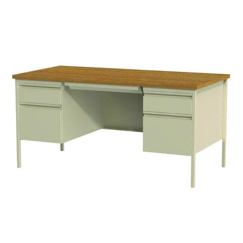 Double Pedestal Steel Desk, 60" x 30" x 29.5", Cherry/Putty, Putty Legs. Picture 2