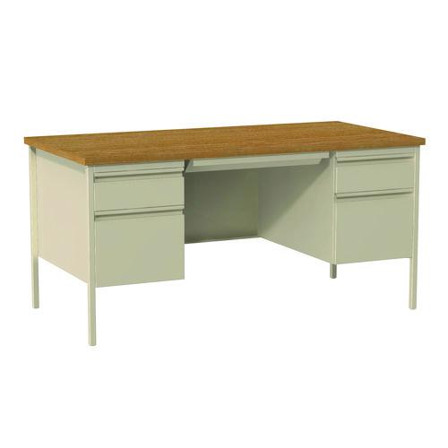 Double Pedestal Steel Desk, 60" x 30" x 29.5", Cherry/Putty, Putty Legs. Picture 4