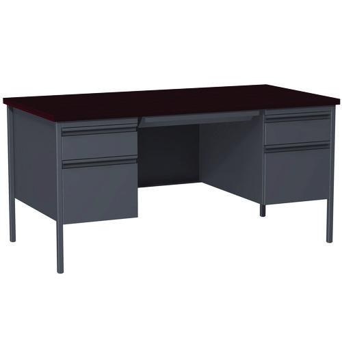 Double Pedestal Steel Desk, 60" x 30" x 29.5", Mahogany/Charcoal, Charcoal Legs. Picture 1