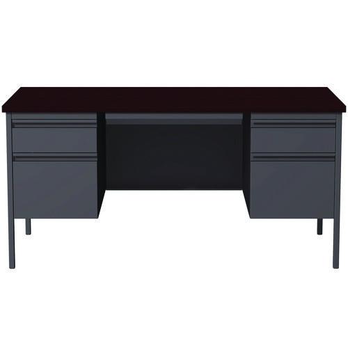 Double Pedestal Steel Desk, 60" x 30" x 29.5", Mahogany/Charcoal, Charcoal Legs. Picture 2