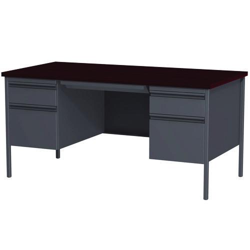 Double Pedestal Steel Desk, 60" x 30" x 29.5", Mahogany/Charcoal, Charcoal Legs. Picture 3