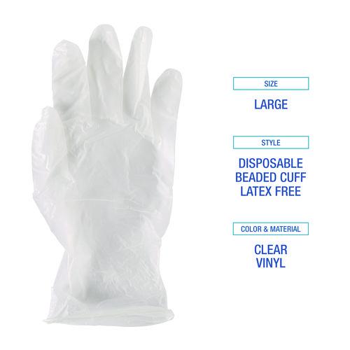 General Purpose Vinyl Gloves, Powder/Latex-Free, 2.6 mil, Large, Clear, 100/Box, 10 Boxes/Carton. Picture 10