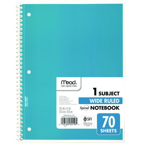 Spiral Notebook, 1-Subject, Wide/Legal Rule, Randomly Assorted Cover Color, (70) 8 x 10.5 Sheets, 4/Pack. Picture 7