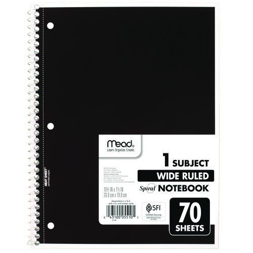 Spiral Notebook, 1-Subject, Wide/Legal Rule, Randomly Assorted Cover Color, (70) 8 x 10.5 Sheets, 4/Pack. Picture 1