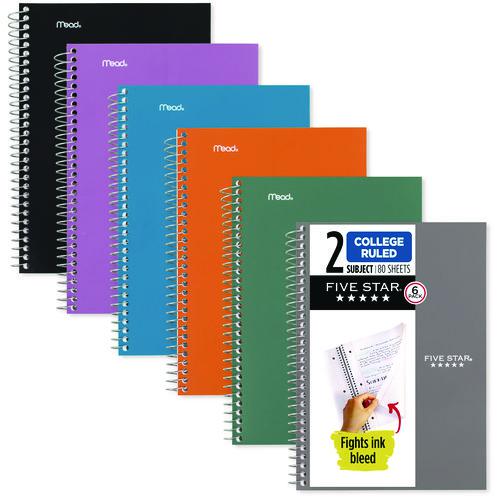 Wirebound Notebook, 2-Subject, Medium/College Rule, Assorted Cover Color, (80) 9.5 x 6.52 Sheets, 6/Pack. Picture 1