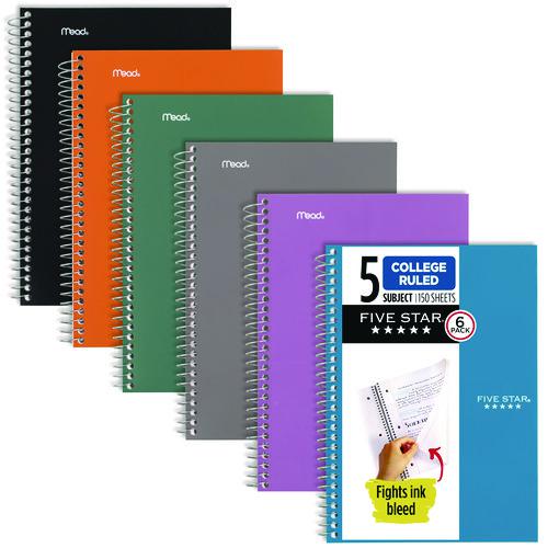 Wirebound Notebook, 5-Subject, Medium/College Rule, Assorted Cover Color, (150) 9.5 x 6.63 Sheets, 6/Pack. Picture 1