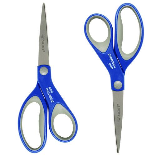 Scissors with Antimicrobial Protection, 8" Length, 3.25" Cut Length, Blue/Gray Straight Handle, 2/Pack. Picture 2
