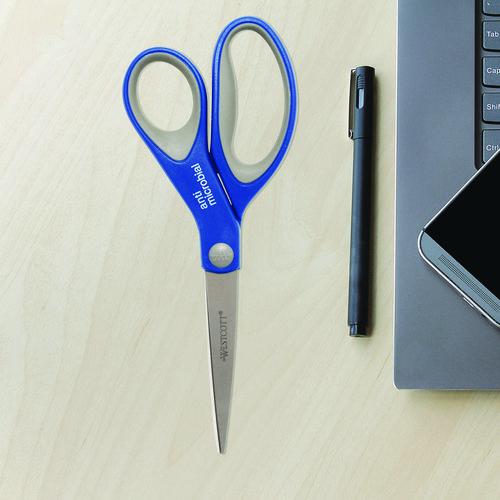 Scissors with Antimicrobial Protection, 8" Length, 3.25" Cut Length, Blue/Gray Straight Handle, 2/Pack. Picture 5