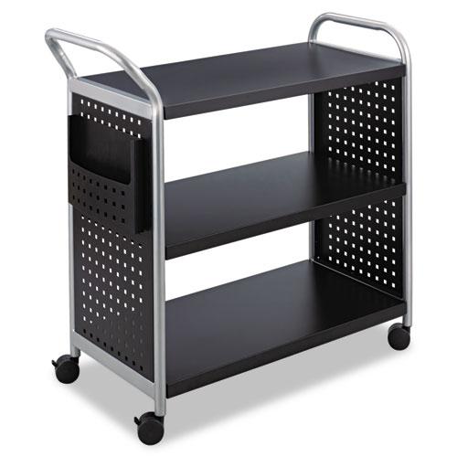 Scoot Three Shelf Utility Cart, Metal, 3 Shelves, 1 Bin, 300 lb Capacity, 31" x 18" x 38", Black/Silver. Picture 1