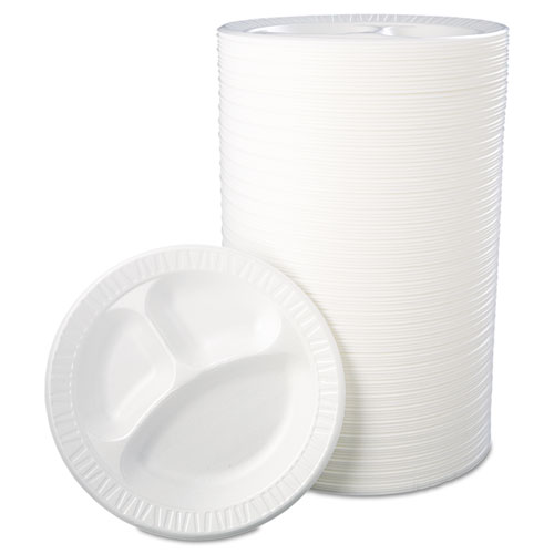Quiet Class Laminated Foam Dinnerware, Plates, 3-Compartment, 10.25" dia, White, 125/Pack, 4 Packs/Carton. Picture 2