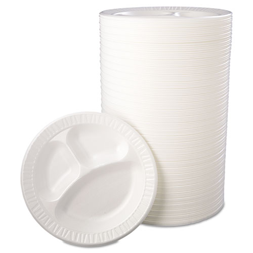 Quiet Class Laminated Foam Dinnerware, Plates, 3-Compartment, 10.25" dia, White, 125/Pack, 4 Packs/Carton. Picture 6