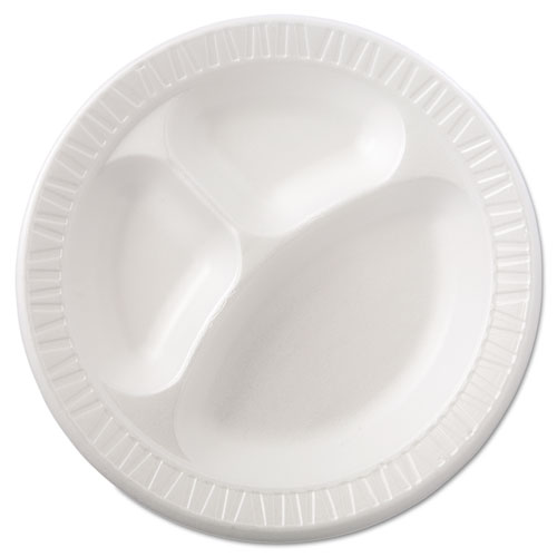 Quiet Class Laminated Foam Dinnerware, Plates, 3-Compartment, 10.25" dia, White, 125/Pack, 4 Packs/Carton. Picture 5