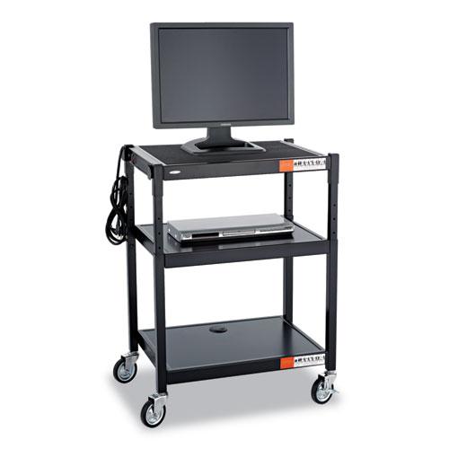 Adjustable-Height Steel AV Cart, Metal, 3 Shelves, (5) AC Outlets, 120 lb Capacity, 27.25" x 18.25" x 36.5", Black. Picture 2
