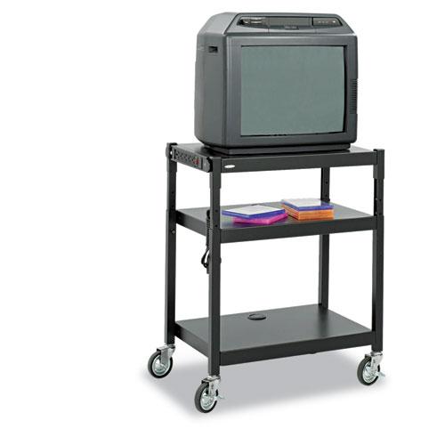Adjustable-Height Steel AV Cart, Metal, 3 Shelves, (5) AC Outlets, 120 lb Capacity, 27.25" x 18.25" x 36.5", Black. Picture 1