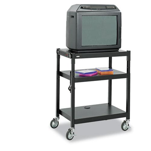 Adjustable-Height Steel AV Cart, Metal, 3 Shelves, (5) AC Outlets, 120 lb Capacity, 27.25" x 18.25" x 36.5", Black. Picture 3