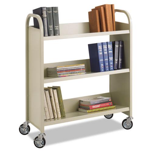 Steel Single-Sided Book Cart, Metal, 3 Shelves, 300 lb Capacity, 36" x 14.5" x 43.5", Sand. Picture 1