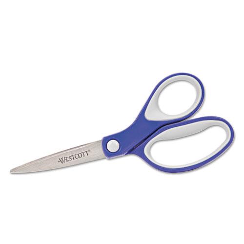 KleenEarth Soft Handle Scissors, Pointed Tip, 7" Long, 2.25" Cut Length, Blue/Gray Straight Handle. Picture 1