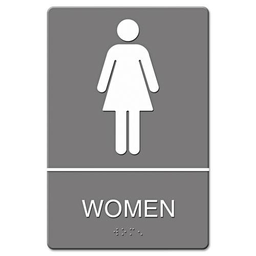 ADA Sign, Women Restroom Symbol w/Tactile Graphic, Molded Plastic, 6 x 9, Gray. Picture 1