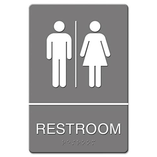 ADA Sign, Restroom Symbol Tactile Graphic, Molded Plastic, 6 x 9, Gray. Picture 1