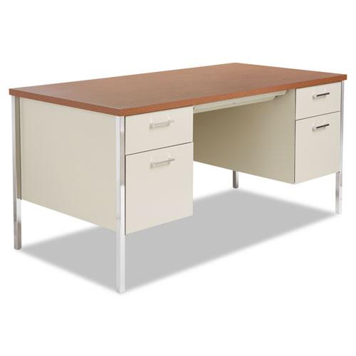 Double Pedestal Steel Desk, 60" x 30" x 29.5", Cherry/Putty, Chrome-Plated Legs. Picture 1