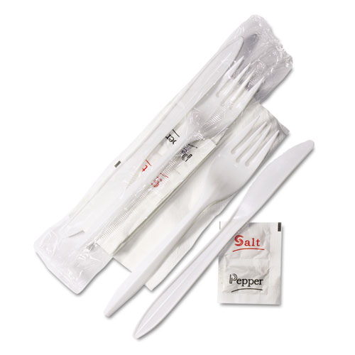 Wrapped Cutlery Kit, 6.25", Fork/Knife/Napkin/Salt/Pepper, Polypropylene, White, 500/Carton. Picture 1