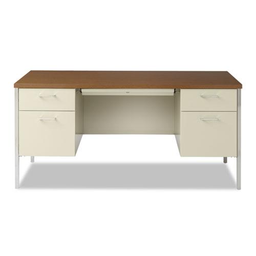 Double Pedestal Steel Desk, 60" x 30" x 29.5", Cherry/Putty, Chrome-Plated Legs. Picture 3
