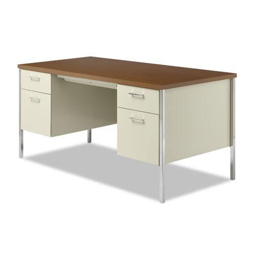 Double Pedestal Steel Desk, 60" x 30" x 29.5", Cherry/Putty, Chrome-Plated Legs. Picture 2