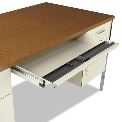 Double Pedestal Steel Desk, 60" x 30" x 29.5", Cherry/Putty, Chrome-Plated Legs. Picture 5