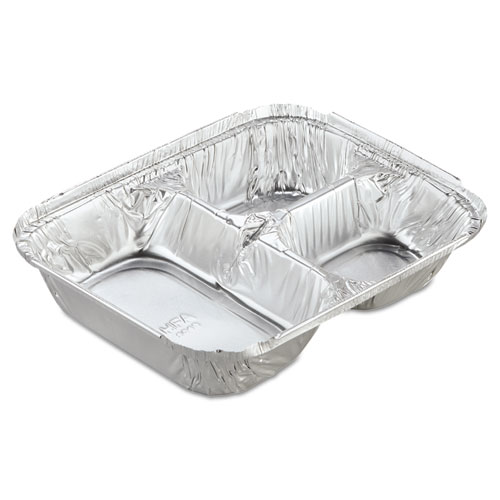 Aluminum Oblong Container with Lid, 3-Compartment, 24 oz, 8.5 x 6.38 x 1.47, Silver, 250/Carton. Picture 1