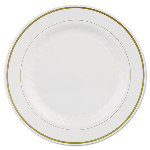 Masterpiece Plastic Plates, 10 1/4in, Ivory w/Gold Accents, Round. Picture 1