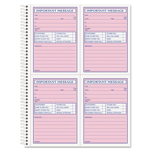 Telephone Message Book with Fax/Mobile Section, Two-Part Carbonless, 3.88 x 5.5, 4 Forms/Sheet, 200 Forms Total. Picture 1