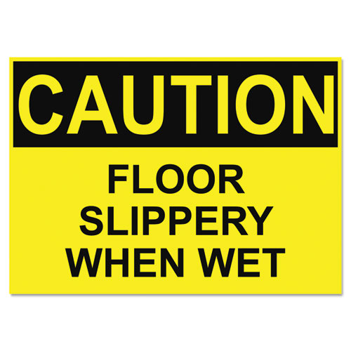 OSHA Safety Signs, CAUTION SLIPPERY WHEN WET, Yellow/Black, 10 x 14. Picture 1