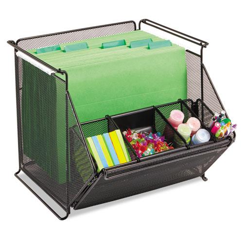 Onyx Stackable Mesh Storage Bin, 4 Compartments, Steel Mesh, 14 x 15.5 x 11.75, Black. Picture 2