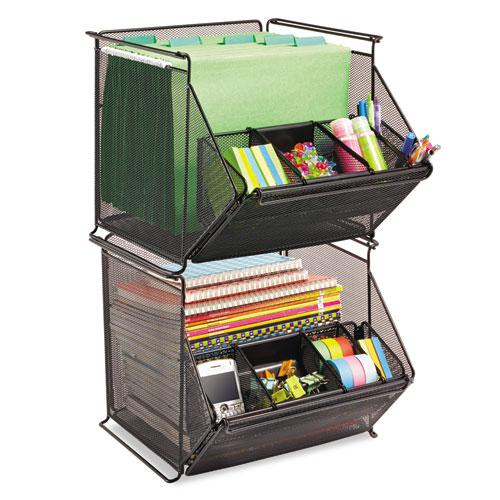 Onyx Stackable Mesh Storage Bin, 4 Compartments, Steel Mesh, 14 x 15.5 x 11.75, Black. Picture 1