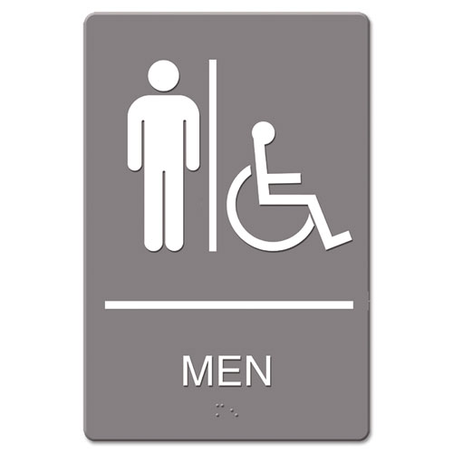 ADA Sign, Men Restroom Wheelchair Accessible Symbol, Molded Plastic, 6 x 9, Gray. Picture 1
