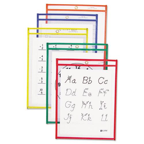 Reusable Dry Erase Pockets, 9 x 12, Assorted Primary Colors, 5/Pack. Picture 2
