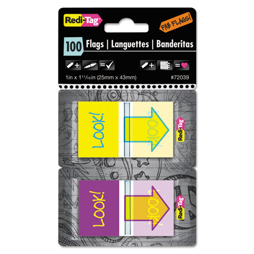 Pop-Up Fab Page Flags w/Dispenser, "Look!", Purple/Yellow; Yellow/Teal, 100/Pack. Picture 1