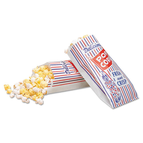 Pinch-Bottom Paper Popcorn Bag, 4 x 1.5 x 8, Blue/Red/White, Paper, 1,000/Carton. Picture 1
