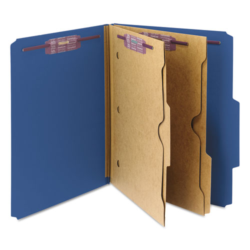 6-Section Pressboard Top Tab Pocket-Style Classification Folders with SafeSHIELD Fasteners, 2 Dividers, Letter, Blue, 10/Box. Picture 9