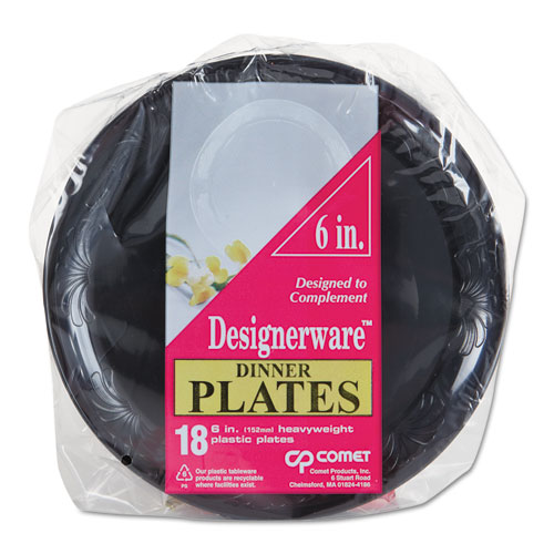 Designerware Plastic Plates, 6 Inches, Black, Round, 10/Pack. Picture 1