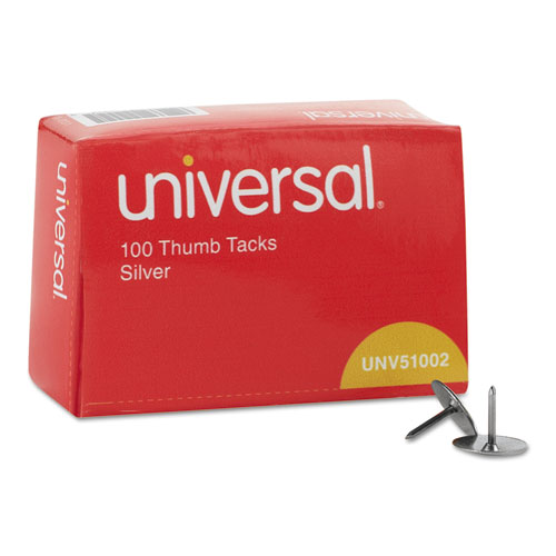 Thumb Tacks, Steel, Silver, 5/16", 100/Box. The main picture.