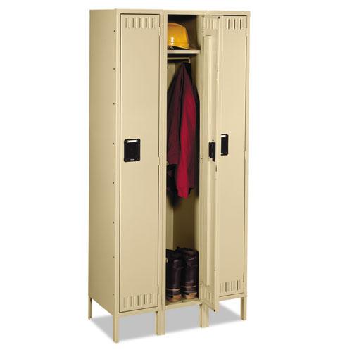 Single-Tier Locker with Legs, Three Lockers with Hat Shelves and Coat Rods, 36w x 18d x 78h, Sand. Picture 1